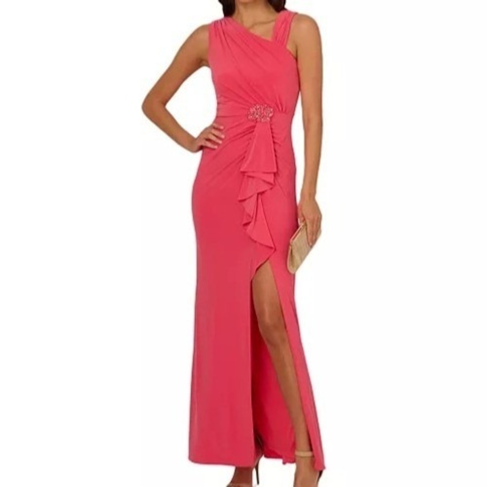 Adrianna Papell Asymmetrical Waterfall Ruffle Slit Rose Gown Dress Womens 12 NWT